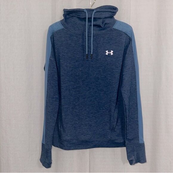UA S Blue Light Blue Mesh Details Funnel Neck Pullover Sweatshirt Thumb Holes - Picture 2 of 15